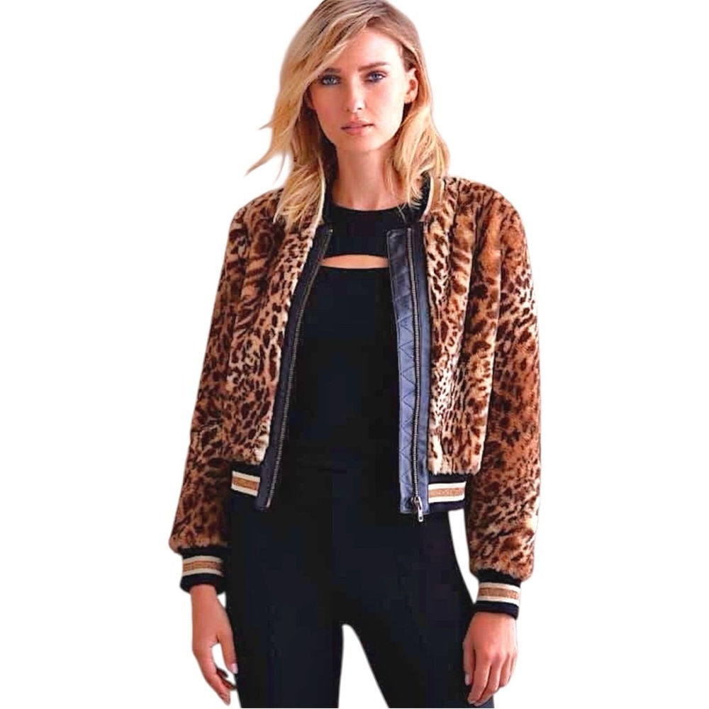 Bailey 44 Eliza leopard print faux-fur bomber jacket with faux-leather trim